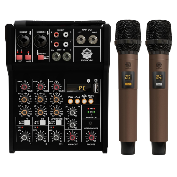 Professional Audio Mixer with Dual Wireless Microphones